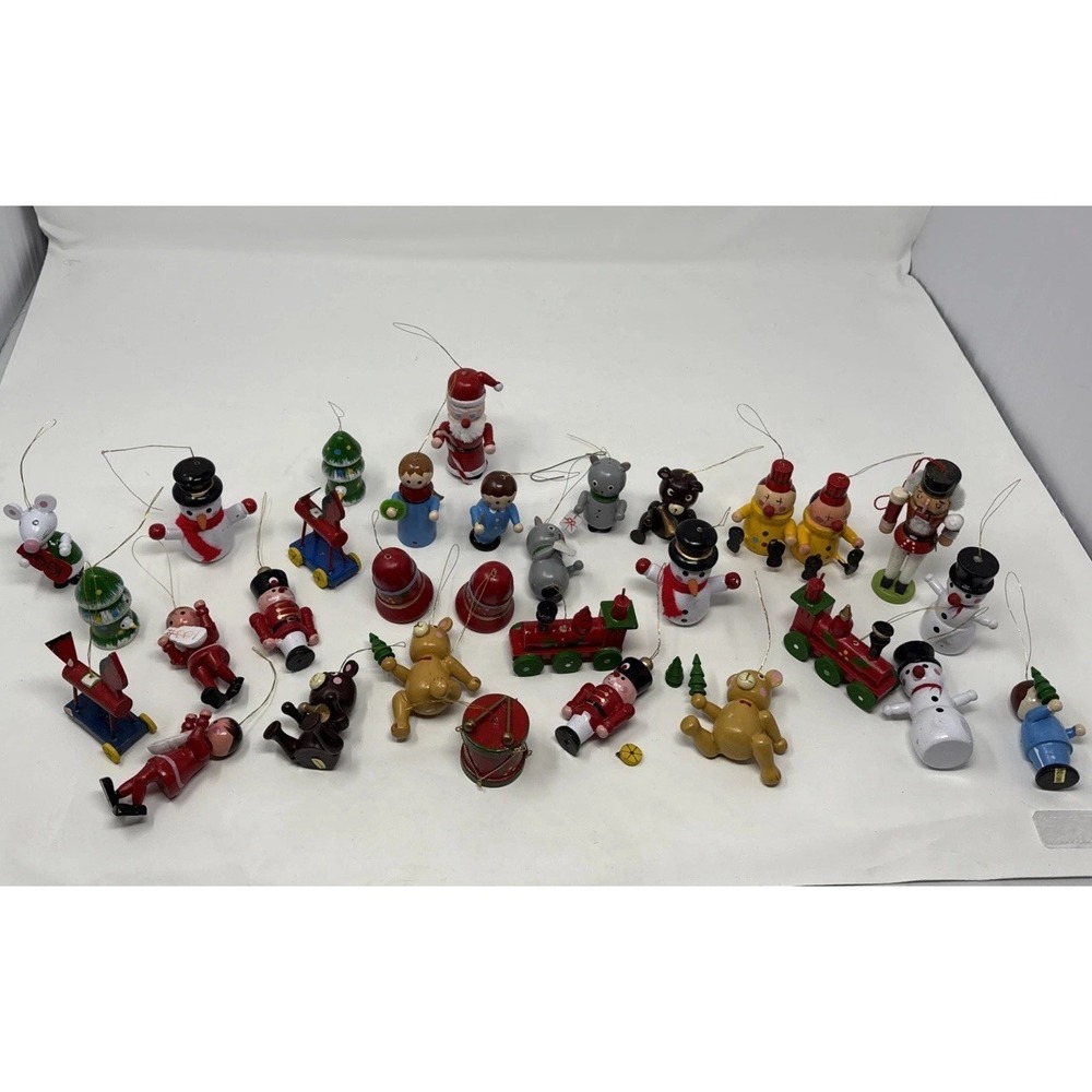 Lot 32 Vintage Mini Wooden Hand Painted Christmas Tree Ornaments multiple sets